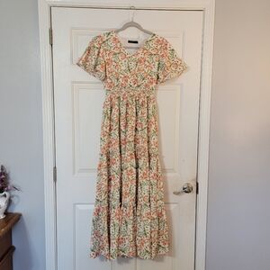 Women's Floral Maxi Tiered Dress With Short Sleeves